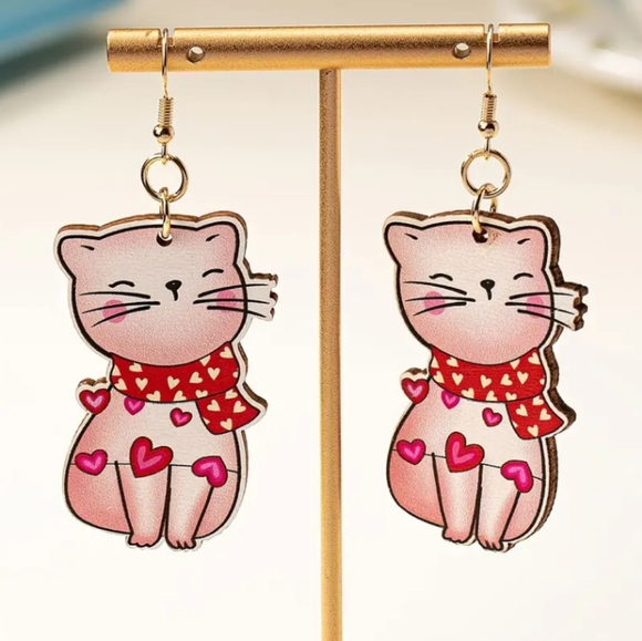 Cute Cat Heart Valentines Wooden Earrings - Picture 1 of 6